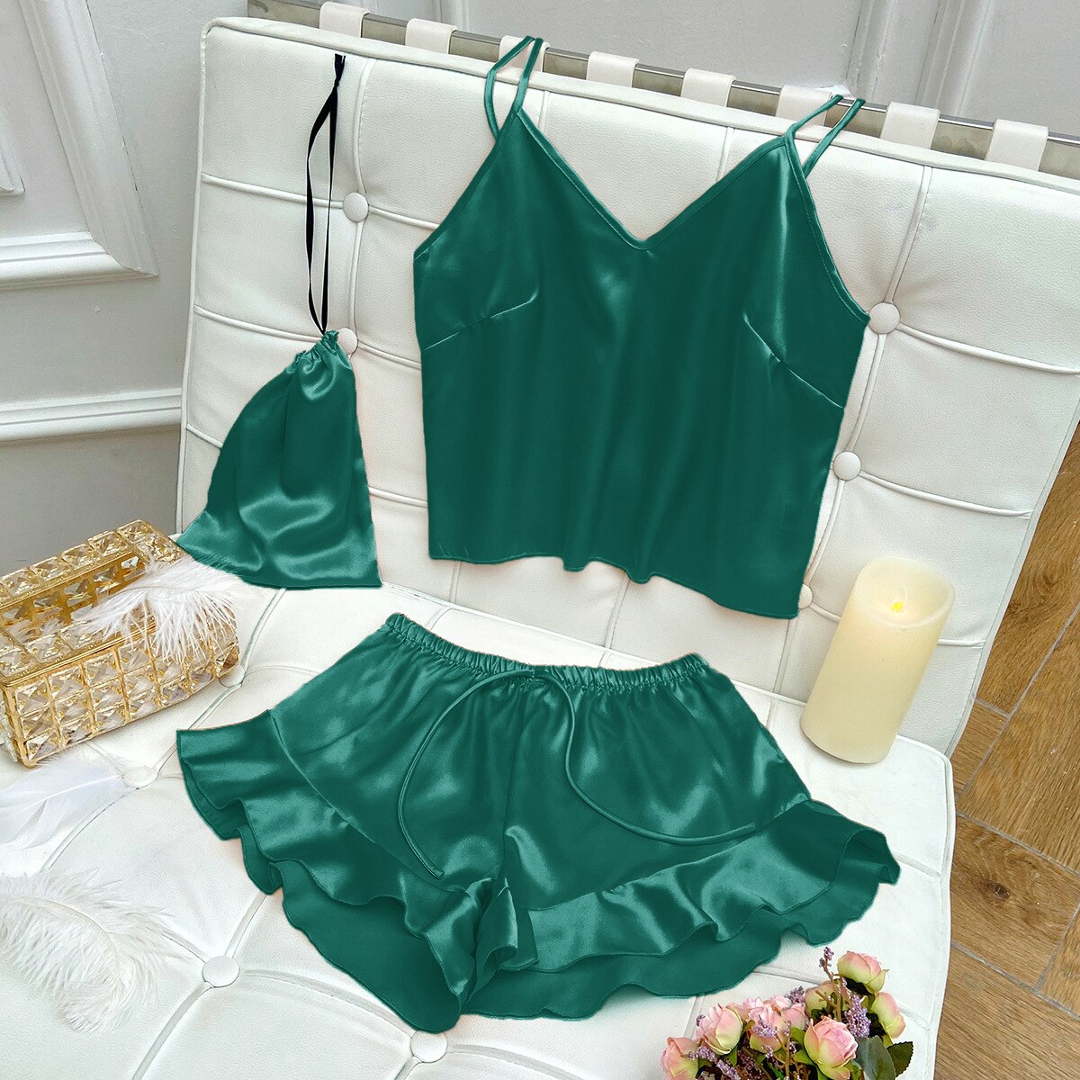 pyjama deux pièces short et t-shirt pour femme bleu vert