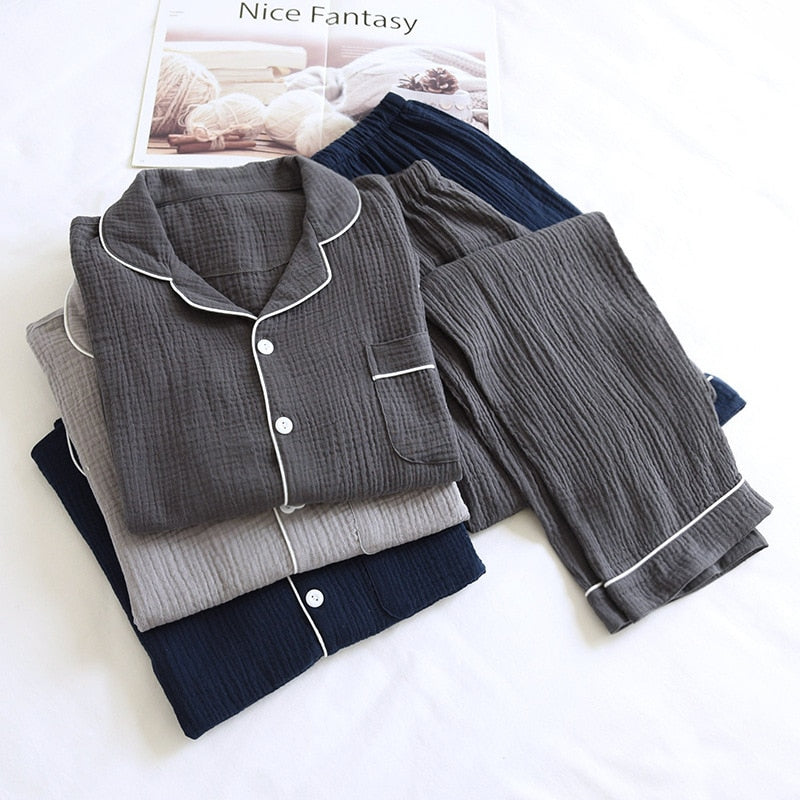 3 pyjama pliés et empilés pour homme en coton gris foncé, gris clair et bleu 