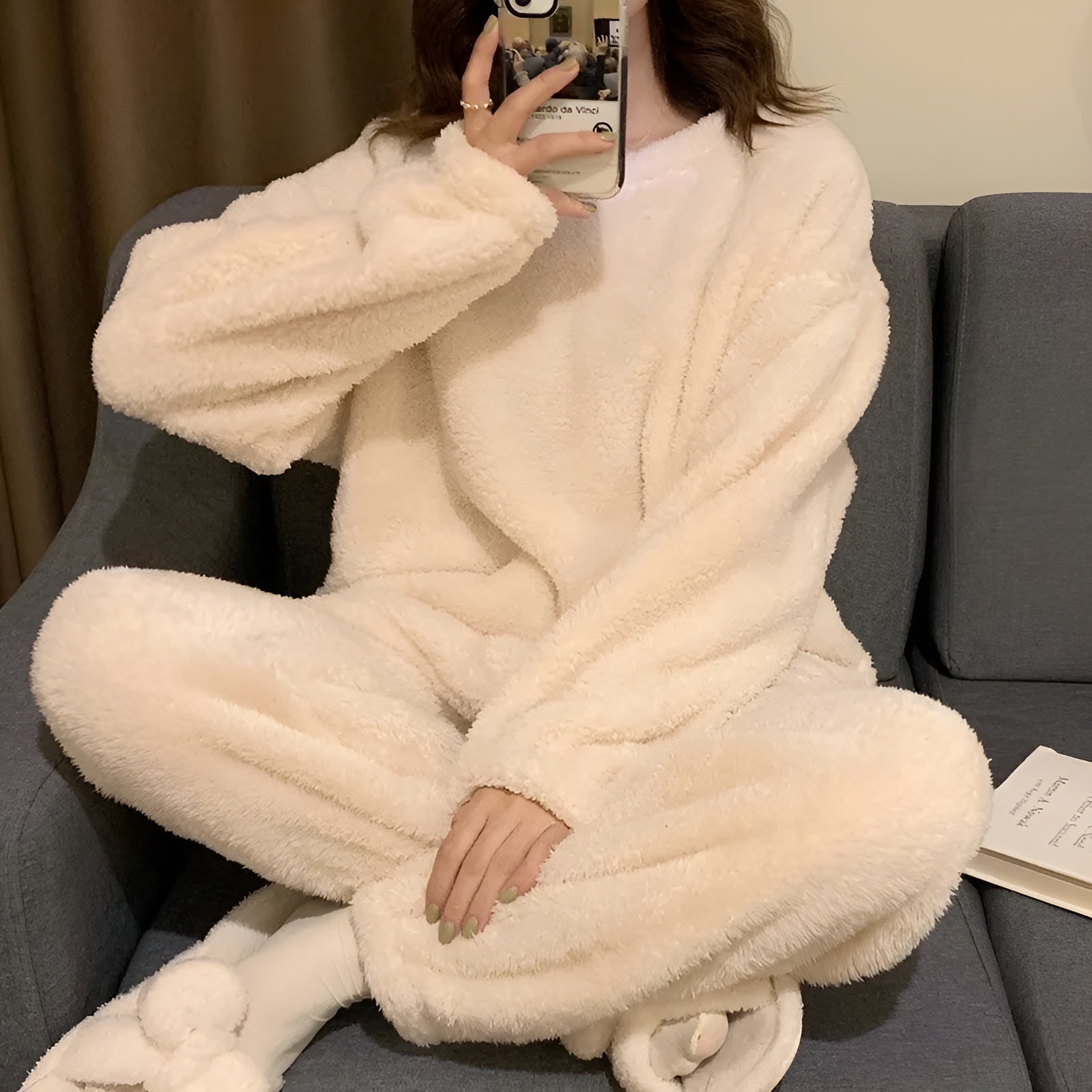 Ensemble Pyjama Épais en Velours pour Femme blanc