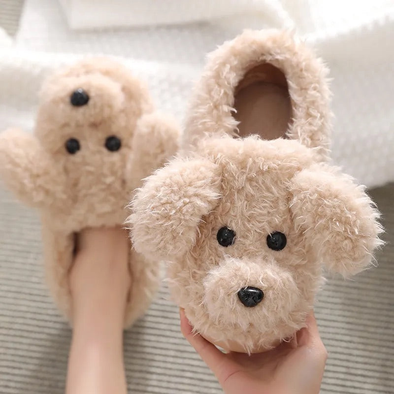 pantoufles hautes en peluche chien beige 