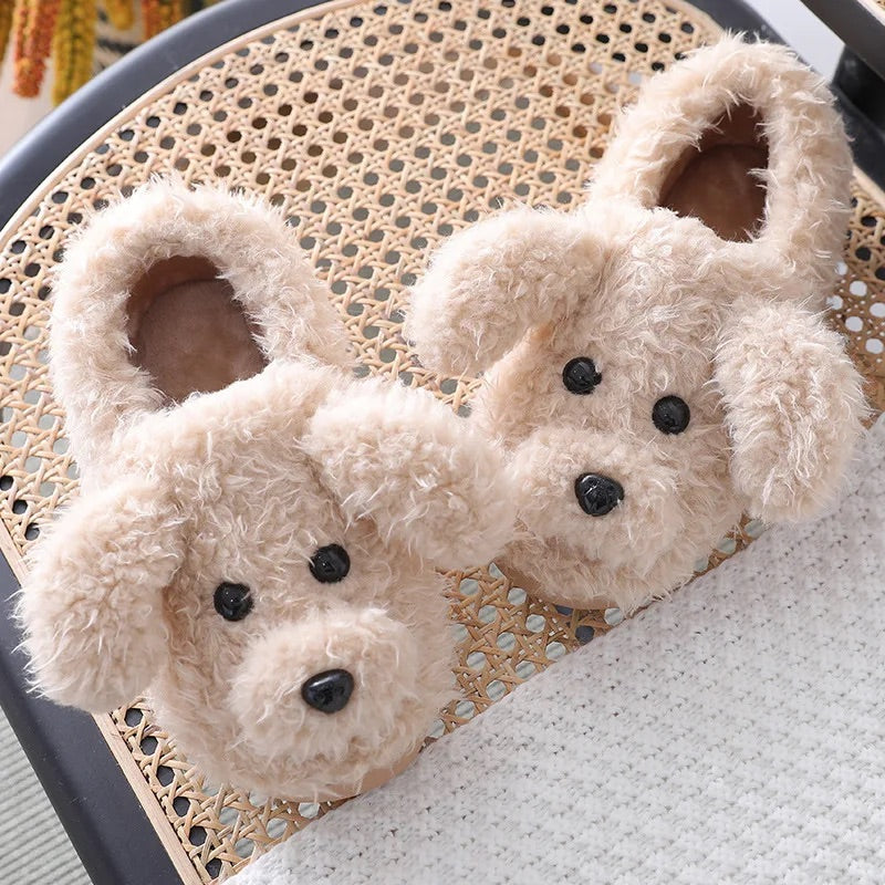 pantoufles hautes en peluche chien beige