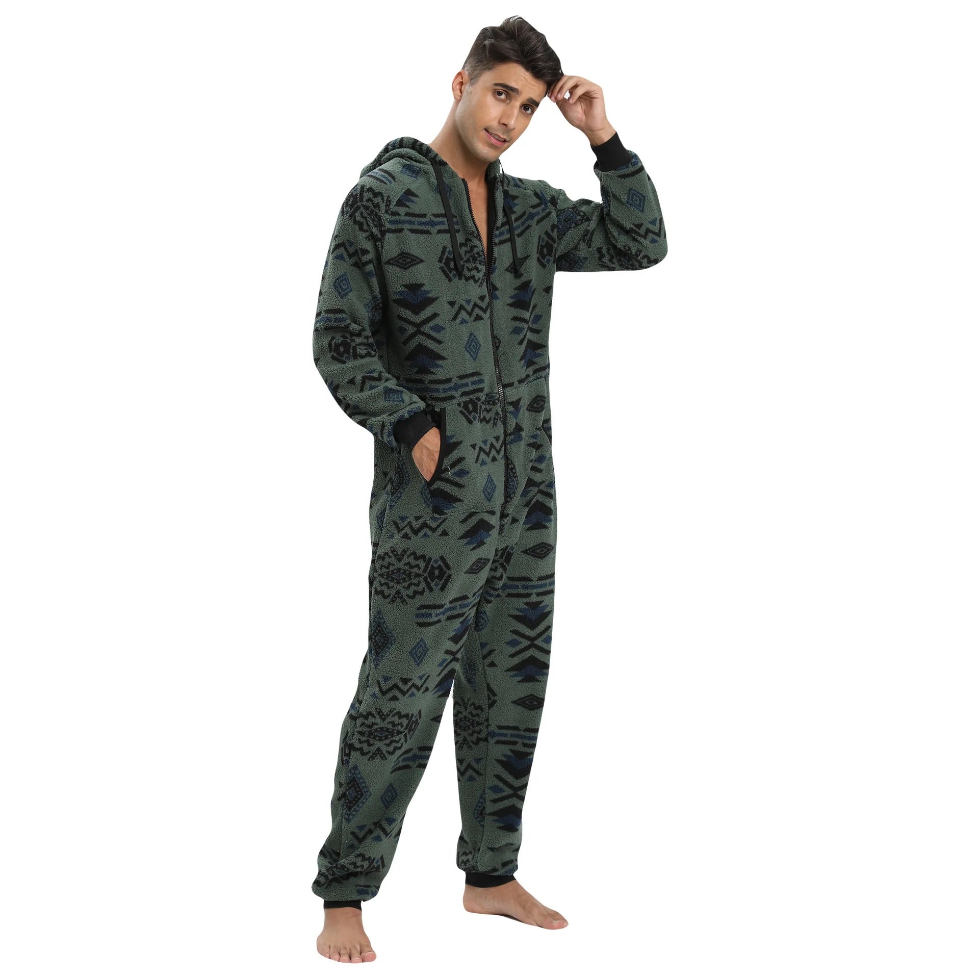 Pyjama Combinaison vert à motifs noir à Capuche pour Homme