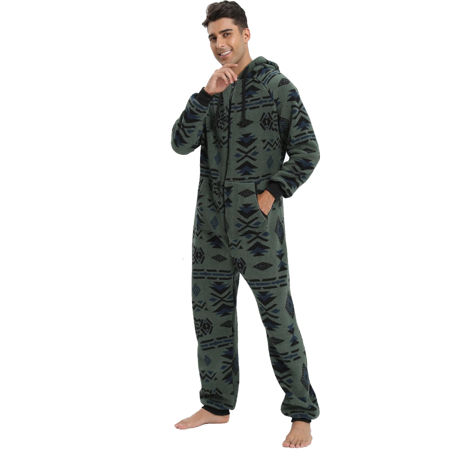 Pyjama Combinaison vert à motifs noir à Capuche pour Homme