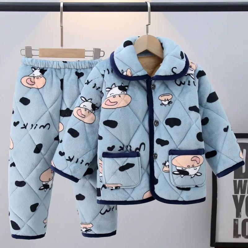 Pyjama bébé/enfant en Flanelle Rembourré bleu à motifs de vache 