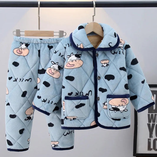 Pyjama bébé/enfant en Flanelle Rembourré bleu à motifs de vache 