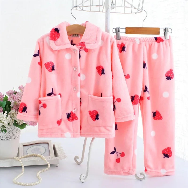 Pyjama d'hiver pour enfant à manche longue et pantalon rose avec motifs de fraise et cerise 