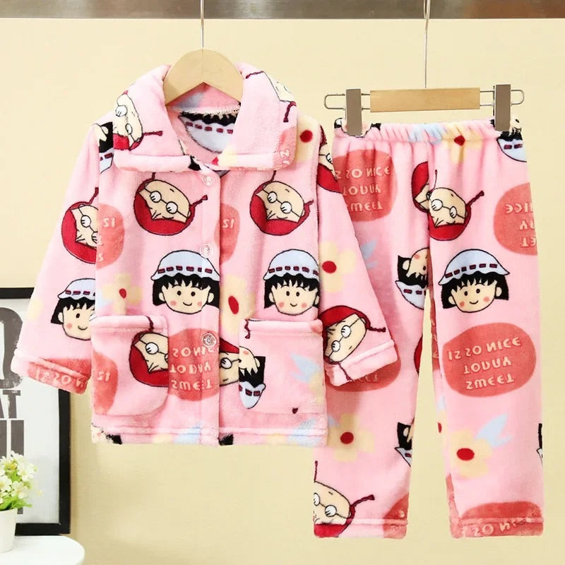 Pyjama d'hiver pour enfant à manche longue et pantalon rose avec motifs de manga 