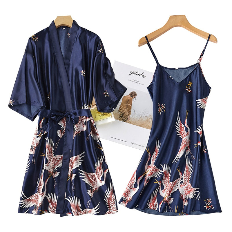 ensemble pyjama nuisette et robe de chambre courte bleue