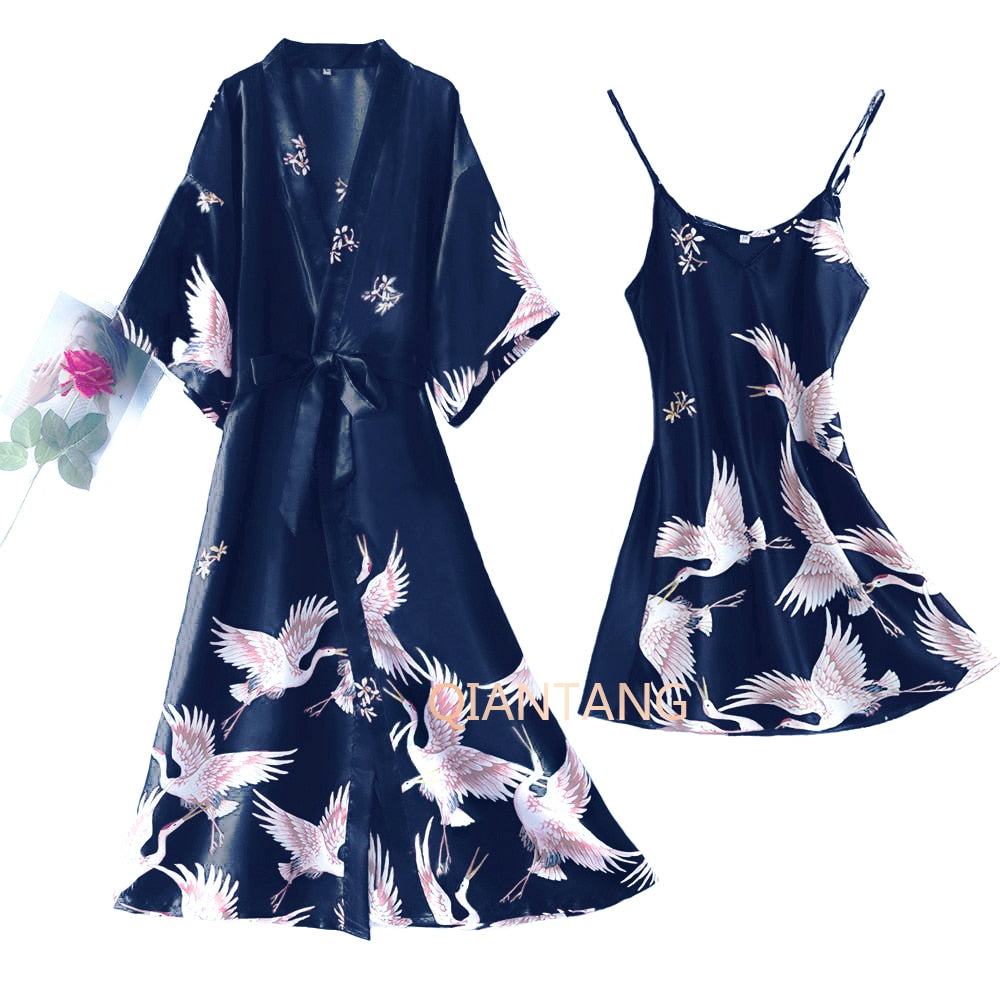 ensemble pyjama nuisette et robe de chambre longue bleue