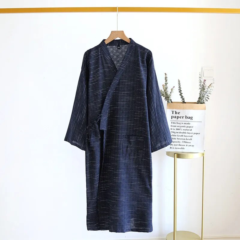 chemise de nuit kimono en coton pour homme bleu