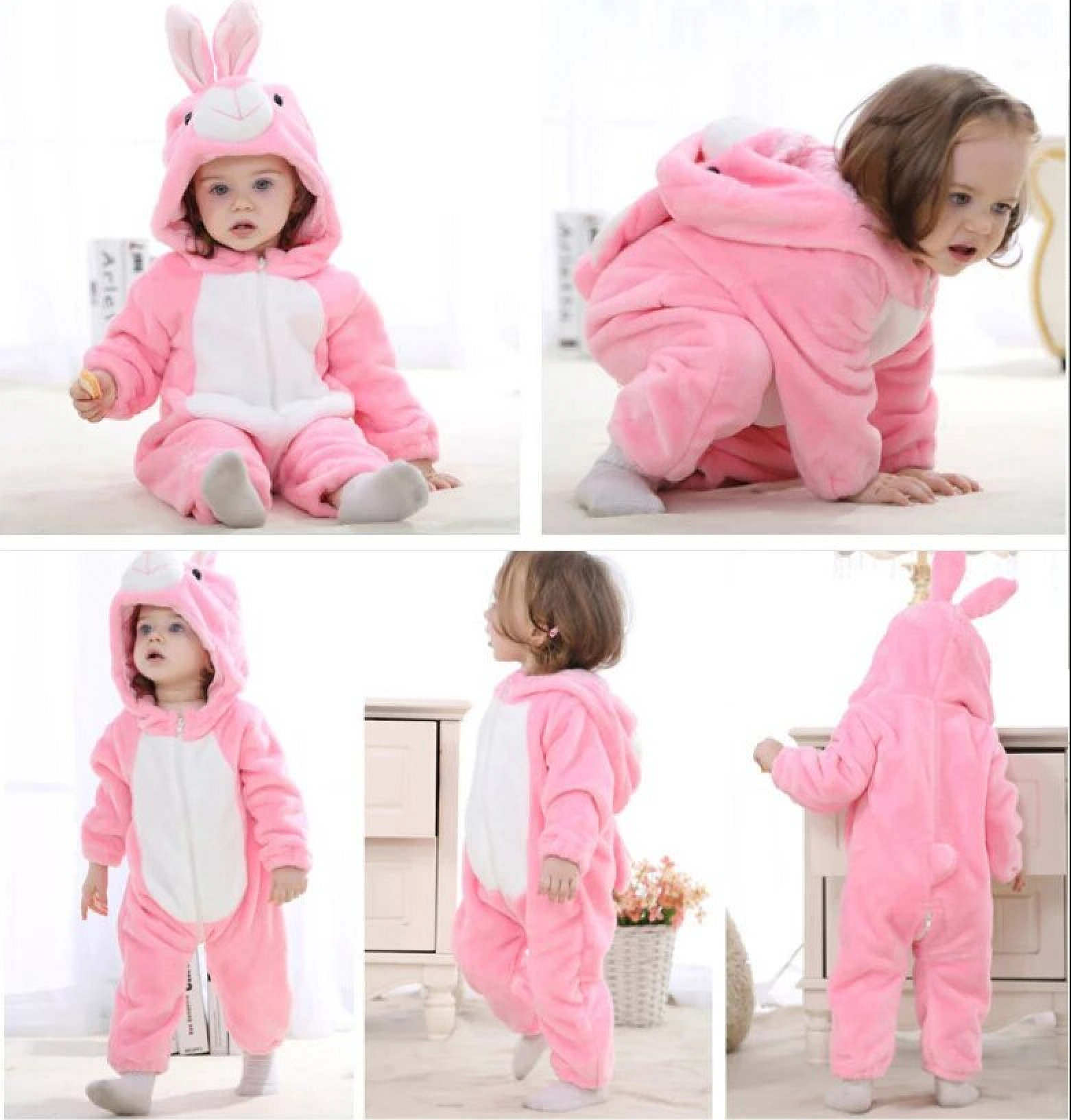 5 photos d'un bébé avec un pyjama combinaison kigurumi lapin rose