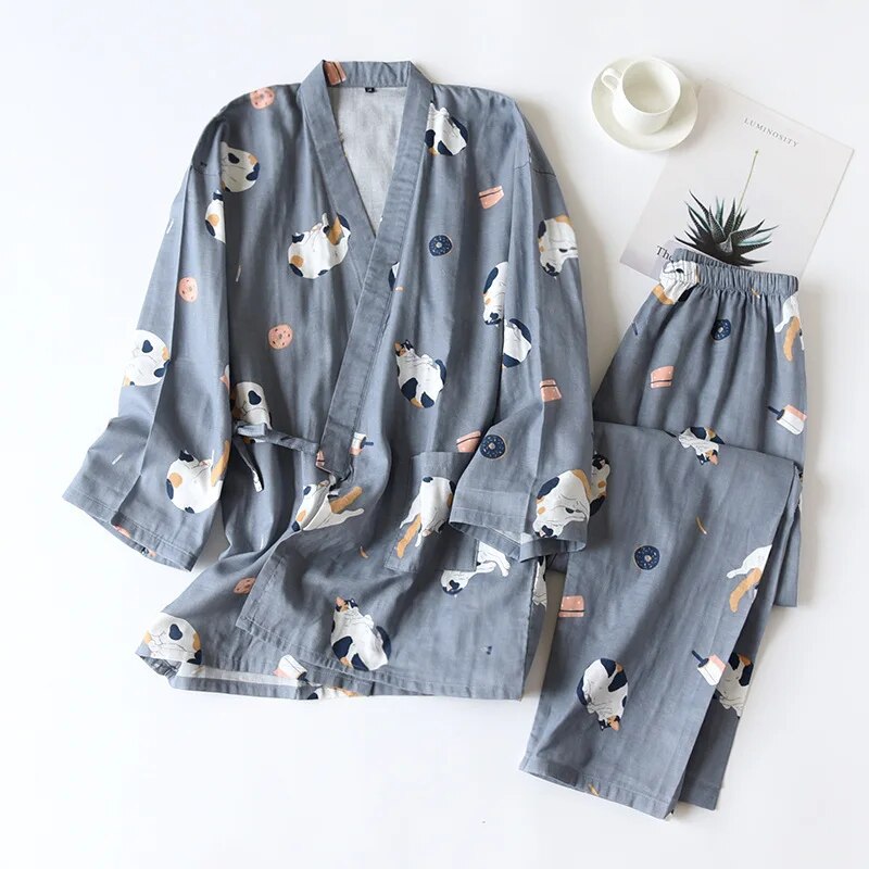 pyjama kimono bleu avec des motifs de chat 