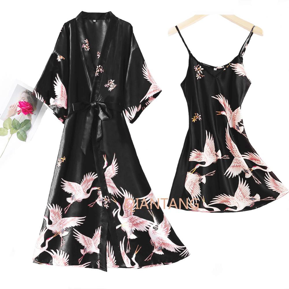 ensemble pyjama nuisette et robe de chambre longue noire