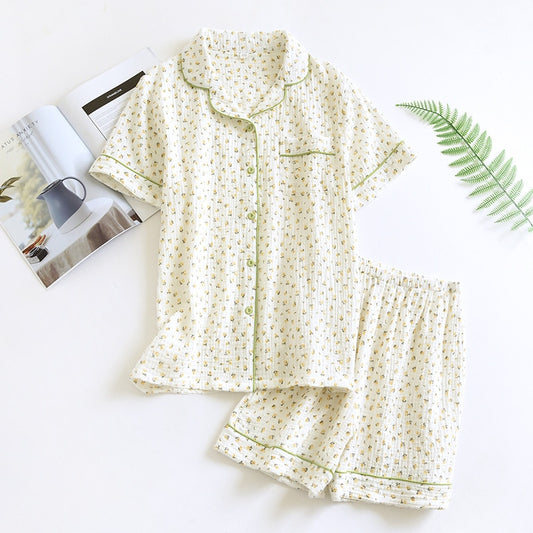 ensemble pyjama à petites fleurs pour femme, en coton, composé d'un haut à manches courtes et d'un short léger