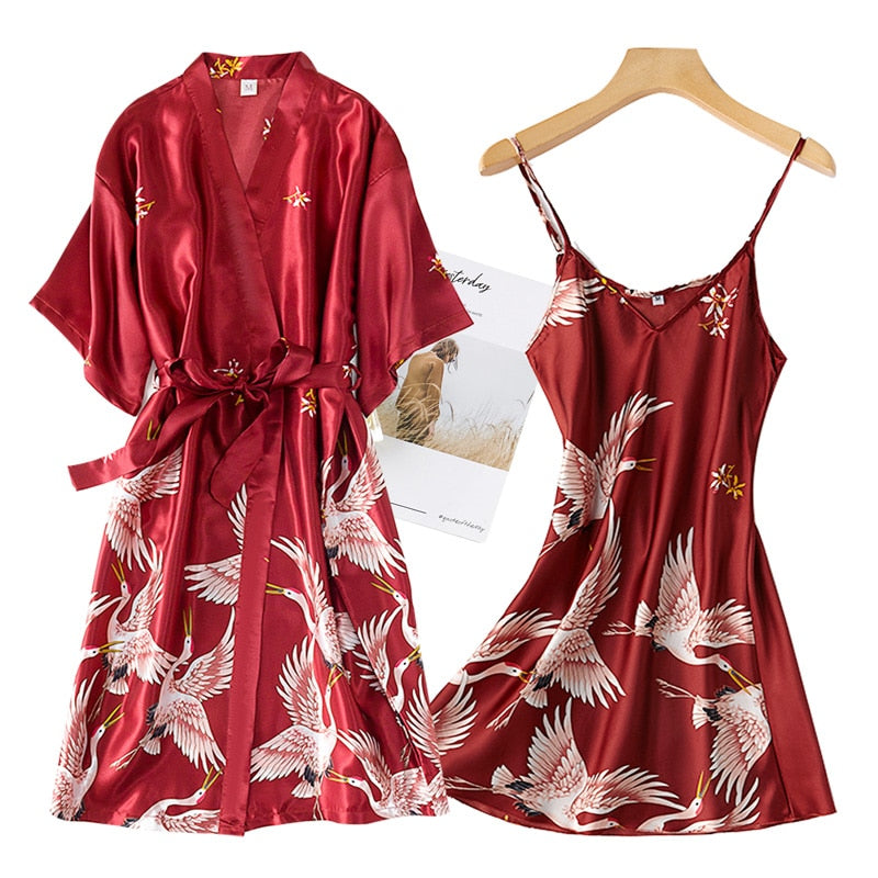 ensemble pyjama nuisette et robe de chambre courte rouge