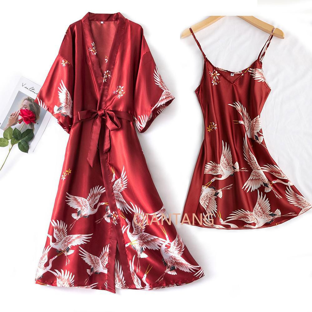 ensemble pyjama nuisette et robe de chambre longue rouge